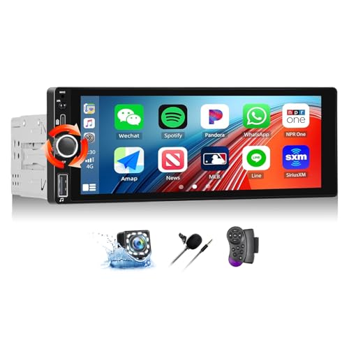 CAMECHO ワイヤレス Carplay 1 DIN カーステレオ、6.86 インチ シングル DIN タッチスクリーン カーラジオ、Bluetooth/Android Auto/ミラーリンク FM/RDS EQ SWC、Type-C/USB/SWC/MIC/AUX-in + バックアップカメラ付き